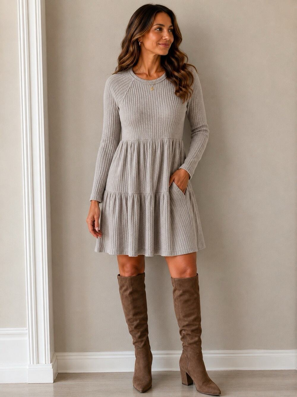American Eagle Womens XS Gray Ribbed Tiered Long Sleeve Fit Flare Sweater Dress